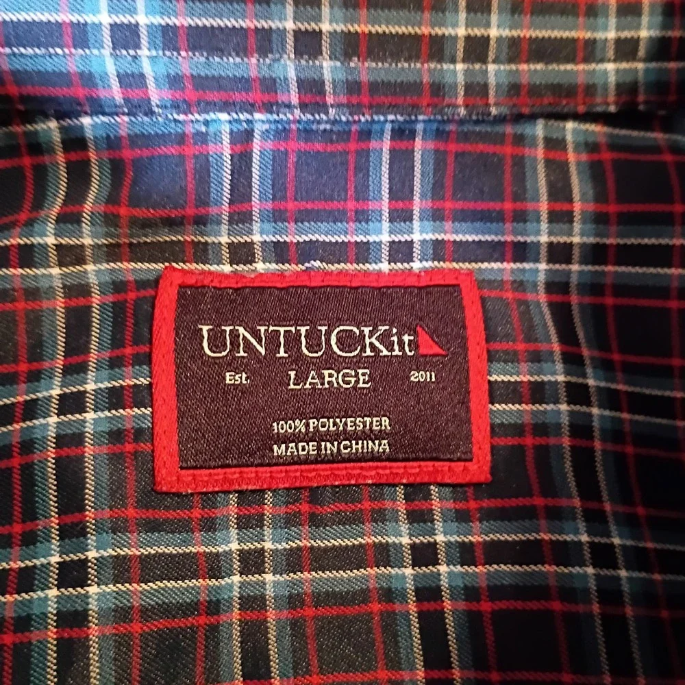 UNTUCKit Mens Large Navy Red Plaid Button Down Shirt Polyester Long Sleeve L